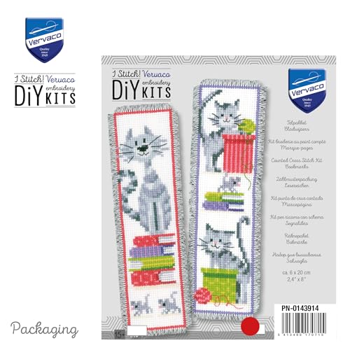 Image of Vervaco Cross Stitch Bookmark Kit Curious Cats 2.4 inch x 8 inch