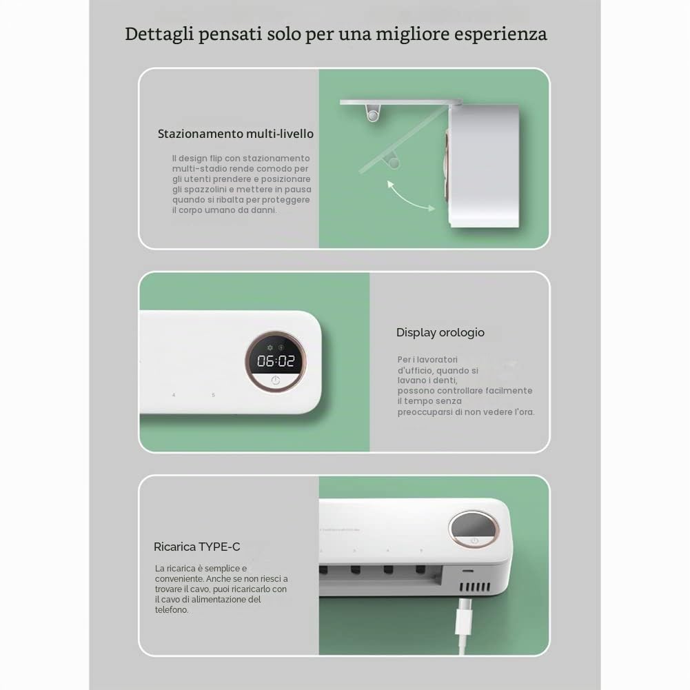 Sterilizzatore per spazzolino da denti UV, ricaricabile, supporto da parete con display a LED, accessori da bagno, nero