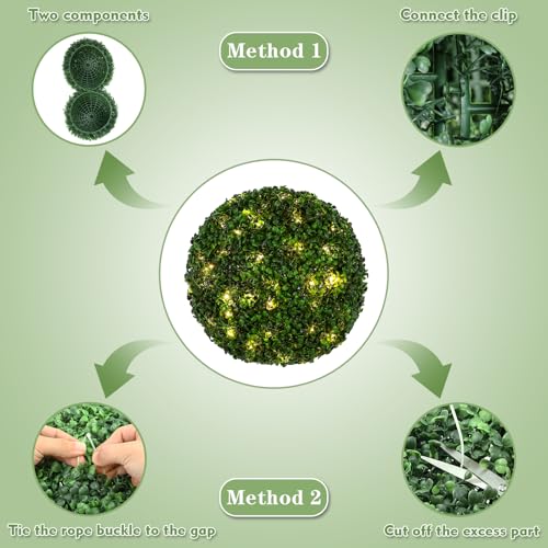 2 Pcs Lighted Topiary Ball Outdoor Pre-Lit Faux Boxwood Planter Filler Sphere, Artificial Topiary Ball， Decorative for Backyard, Balcony, Garden, Wedding Party, Home Office (15 * 15)