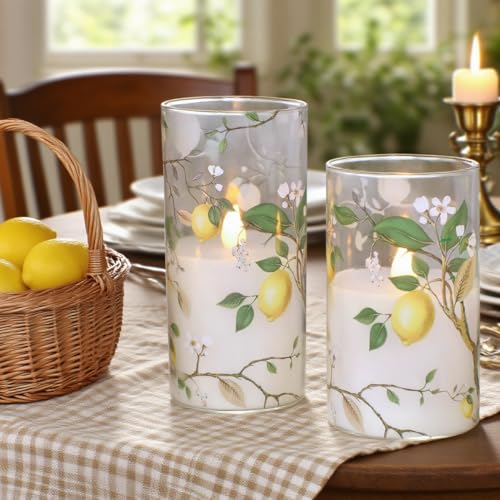 Image of Flameless LED Candles with Remote Lemon Decal Glass Flickering Battery Operated Candles for Home Room Party Wedding Holiday Christmas Valentine's Day Decor - Set of 3