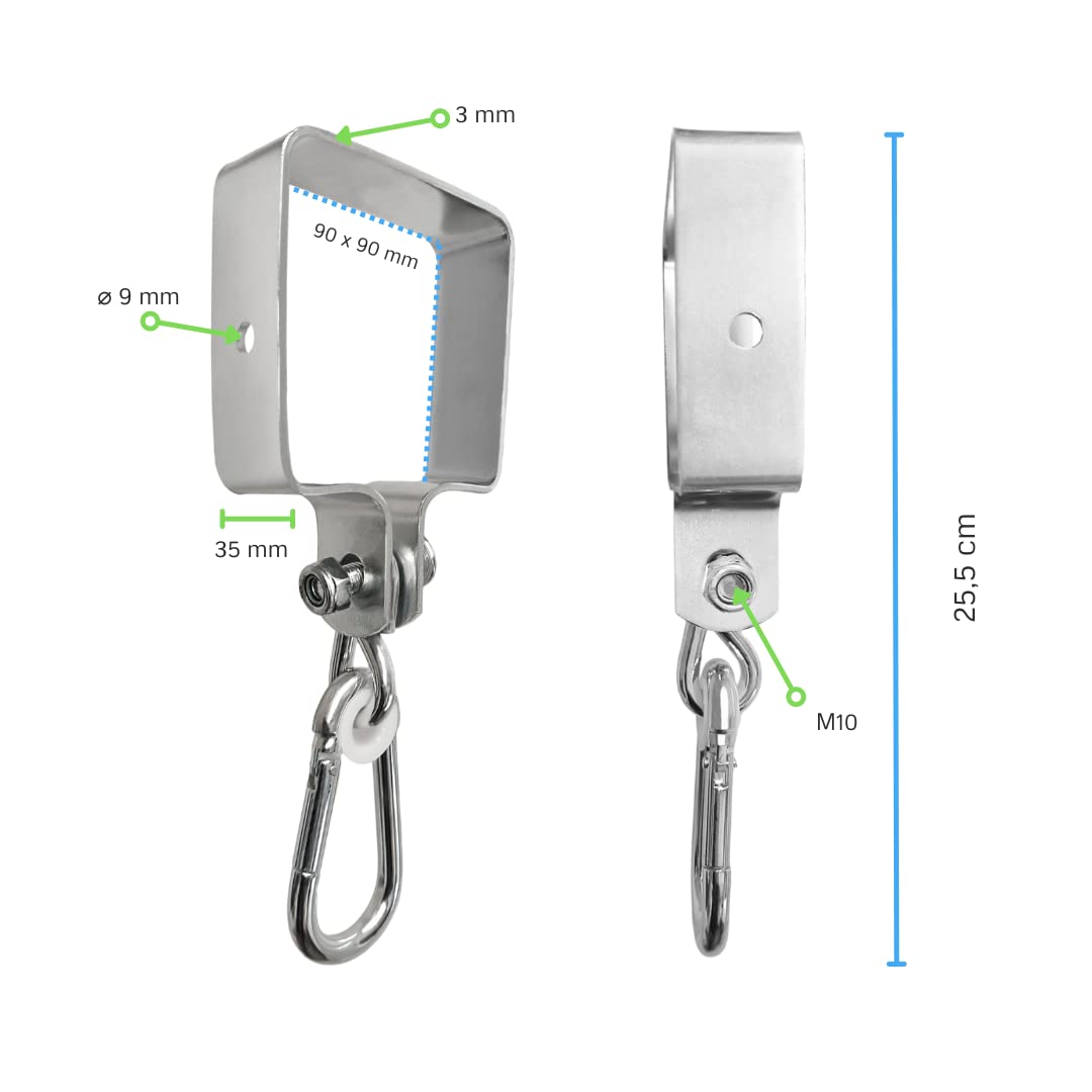 Set di 2 Ganci per Altalena con Moschettone 90x90mm Ganci A Manica Collare per Altalena - Moschettone Quadrato Supporto per Gancio Gancio per Travi O Legni Quadrati Supporto