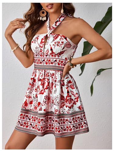 Image of Floerns Women's Floral Print Sleeveless Halter Neck Tie Back Summer A Line Dress