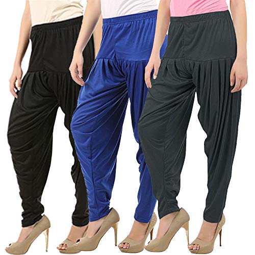 Image of Buy That Trendz Patiala Pant Pack of 3 Patiyala Salwar Harem Bottoms Viscose Dhoti Pants for Womens Black-Royal Blue-Dark Grey XL