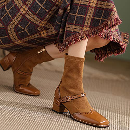 U-lite Women's Elastic Suede Fall Winter Square Toe Shoes, Leather Mid Heel Ankle Boots, Buckle Strap Embellishment Booties4