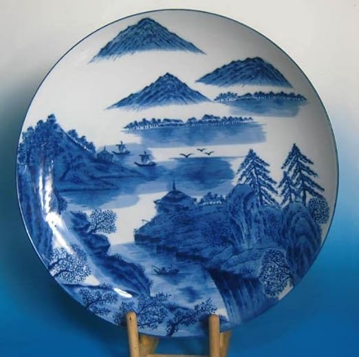 公式の 染付 飾り皿 有田焼 山水 華山萬右衛門2103 40cm 木製皿立付