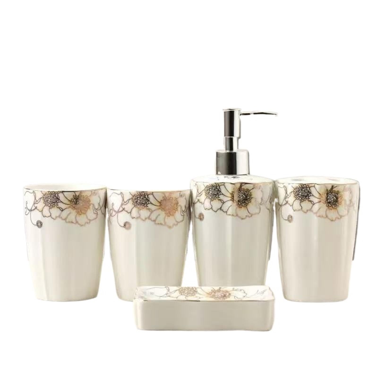 Badezimmerzubehör-Set aus Keramik, Relief-Design, europäischer Stil, 5-teilig, inklusive Seifenspender, Zahnbürstenhalter, Geschirrhalter, Spülbecher – moderne Waschsuite
