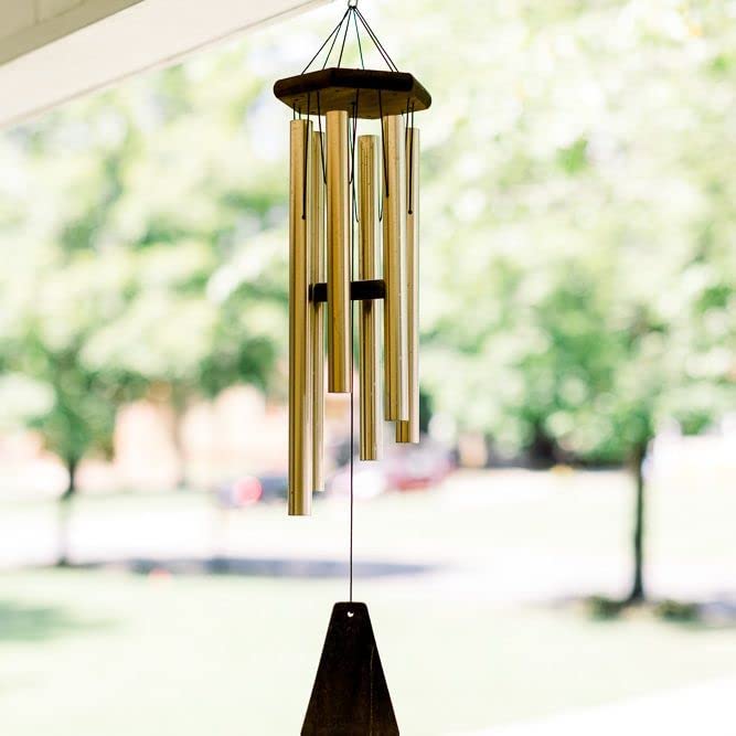 Feng Shui Wood Metal 5 Pipes Golden Wind Chime for Positive Energy, Outdoor Hanging, Balcony with Amazing Sound. (Golden - WC-1G)