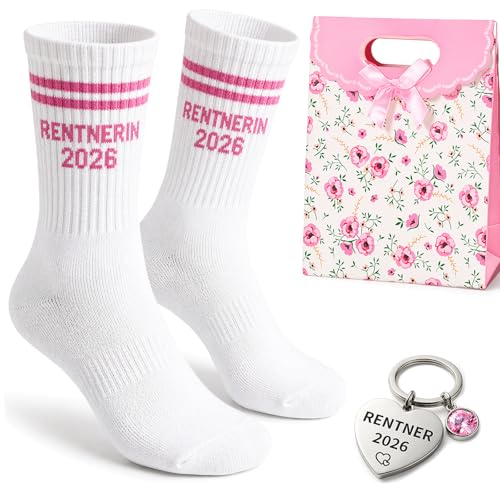 Scinzene 2026 Renteneintritt Geschenk Frau Set Ruhestand Geschenk Frauen mit Socken 36-44 Schlüsselanhänger Tüte Lustige Socken Geschenke für Frauen