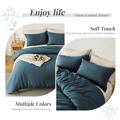 Image of MILDLY Duvet Cover 120 inchx98 inch Ultra Soft Bedding Set 3pcs, Peacock Blue | Washed Microfiber Cotton-Like, Breathable Comfort, Hidden Zipper, 8 Corner Ties, OEKO-TEX Certified, Fade Resistant