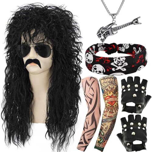 Mikbnfrb 9Pcs Rocker Costume Outfit Accessories for Men Women, 70s 80s 90s Disco Punk Halloween Party Accessories Black Curls Wigs