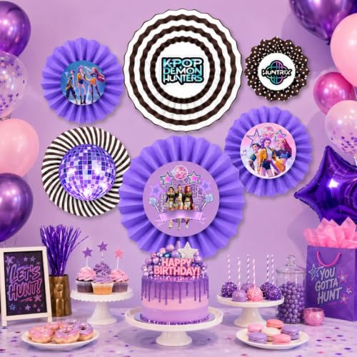 Image of Wanna Party Purple Korean Pop Inspired Paper Fan Decorations, Set of 6 | Hanging Rosette Fans for Birthday, Dance Party, Photo Backdrop, Cake Table & Celebration Decor