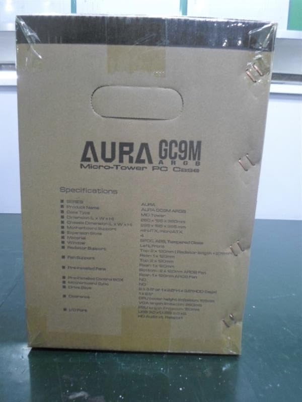 Side view of the GAMDIAS Aura GC9M Micro-Tower PC Case retail box showing specifications