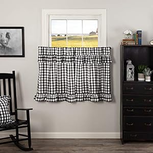 Vhc brands annie buffalo check cotton farmhouse kitchen curtains rod pocket hanging loops ruffling 36×36 tier pair black country  urban country home decor