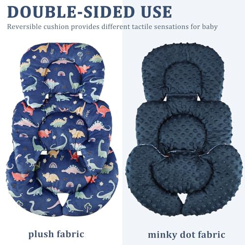 Image of Infant Car Seat Insert Cushion, Super Soft Baby Car Seat Head Support & 2 Straps Pads, Reversible Preemie Newborn Carseat Insert, Fit Car Seat, Stroller, Infant Bouncer, Blue Dinosaur