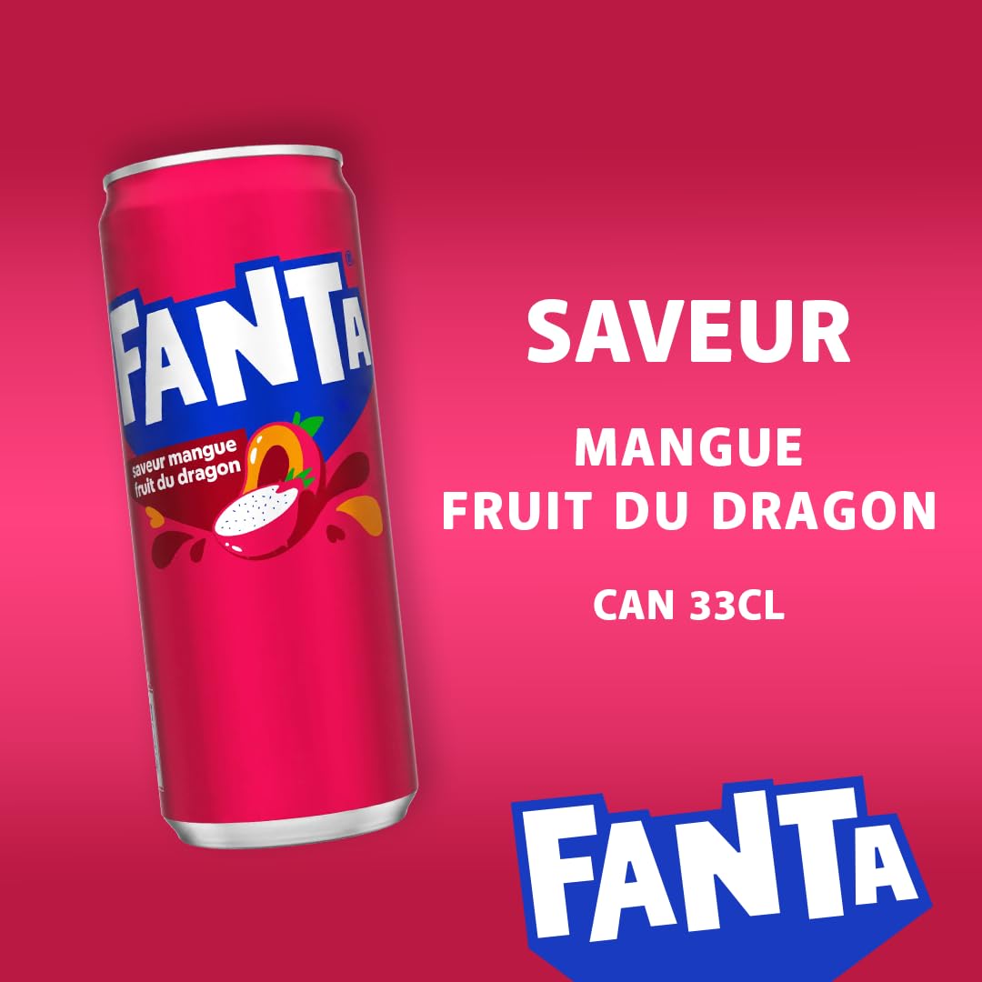 Fanta Saveur Mangue Fruit du Dragon, Boisson Gazeuse, Canette 33cl, Lot de 24