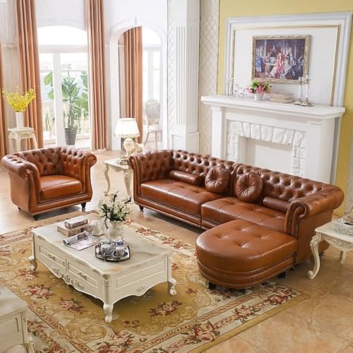 Image of Classic Leatherette Chester Sofa Set Button Tufted, Classic Style Sofa Set 3-Person Sofa for Living Room, Office, and Hallway Colour (Brown, 3+1+Ottoman)