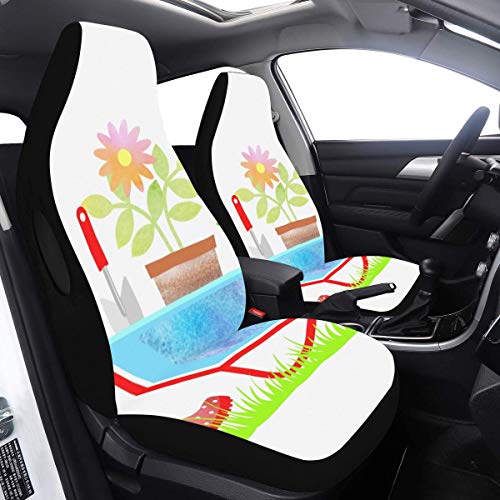 Car Cover XL Gardening Wheelbarrow Flowers Fun Seat Covers 2 Pcs Universal Fit Airbag Compatible for for Car SUV Auto Truck Waterproof Car Cover