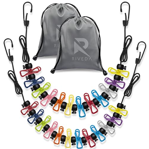 RIVEDA 2 Pack Travel Clotheslines with 12 Colorful Clips Each & 2 Bags, Cruise RV & Camping Essentials Clothes Line for Indoor Laundry Drying Line & Outdoor Accessories