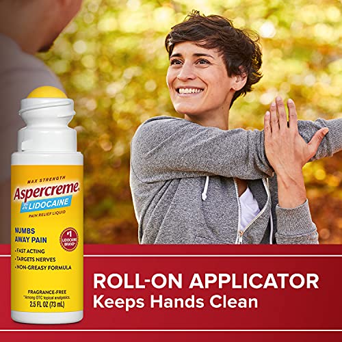 Aspercreme Odor Free Max Strength Lidocaine Pain Relief Liquid With Roll-On No Mess Applicator, 2.5 Oz. 2Pk #TOP6