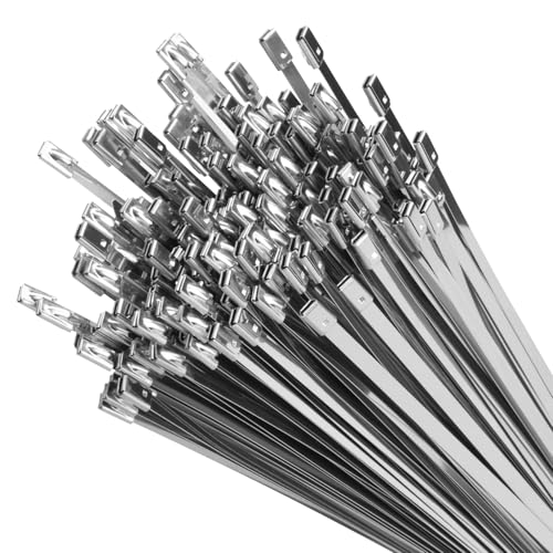 XINGO 11.8 Inch Metal Zip Ties (200 Pack), 304 Stainless Steel Heavy Duty Zip Ties, 300lbs Tensile Strength, Multi-Purpose Self-locking Cable Ties for Exhaust Wrap, Outdoor and Canopy Etc