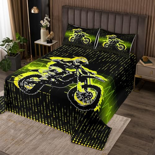 Erosebridal Yellow Motorcycle Rider Quilt Set Twin Size for Kids Boys Girls,Dirt Bike Coverlet Set,Motorcross Bedspread Set,Extreme Sports Bed Cover Bedroom Decor