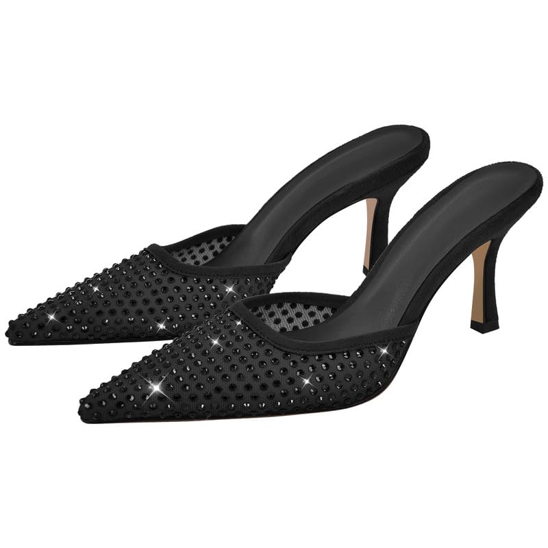 sexytag Rhinestone Mesh Kitten Heels for Women Slip On Mules Pointed Toe Pumps