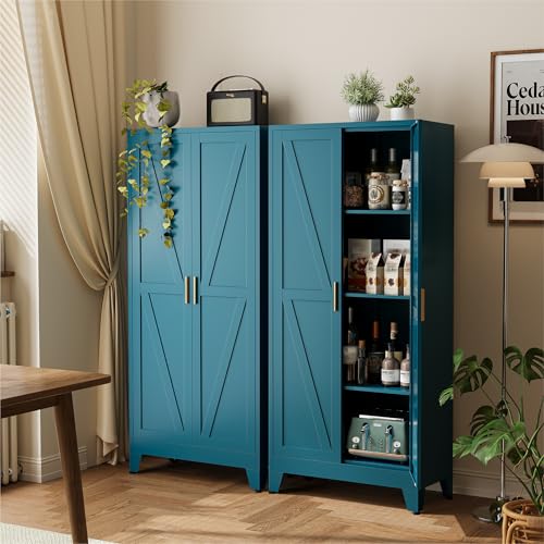 Image of COFaR 61 inch Metal Pantry Cabinet in Peacock Blue, Farmhouse Storage Cabinet with Adjustable Shelves, Sturdy Freestanding Cupboard for Kitchen Organization, Bathroom & Living Room