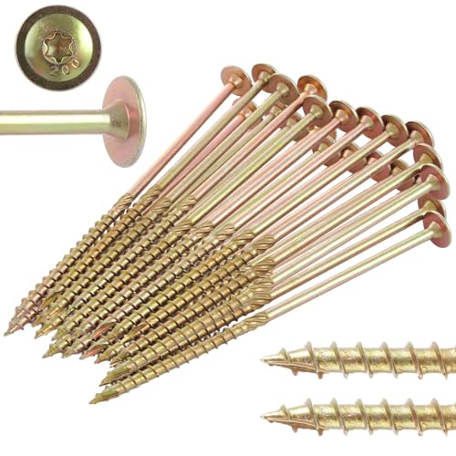 LOPYXBR 50PCS M8 Wood Screws 20 x 200mm, Gold Flat Head Decking Screws With Torx Countersunk Head for Concrete, Chipboard, Home DIY Tasks