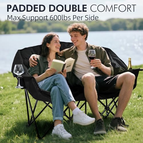Image of Double Camping Chair Loveseat -2 Person Oversized Padded Outdoor Camp Couch