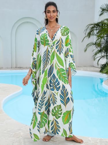 Image of IMAGEKOPE Women's Plus Size Animal Print V-Neck Batwing Kaftan Beach Dress Bathing Suit Cover-Up Loungewear