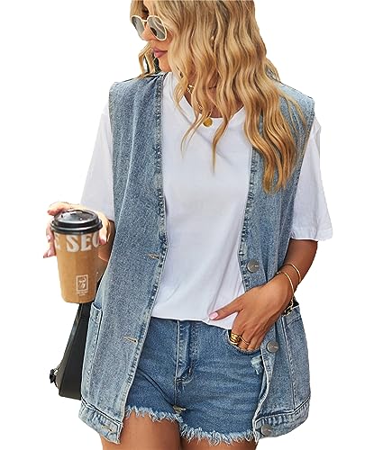 Image of PAODIKUAI Women's Oversized Denim Vest - Sleeveless Distressed Jean Vest with Pockets for Casual Layering