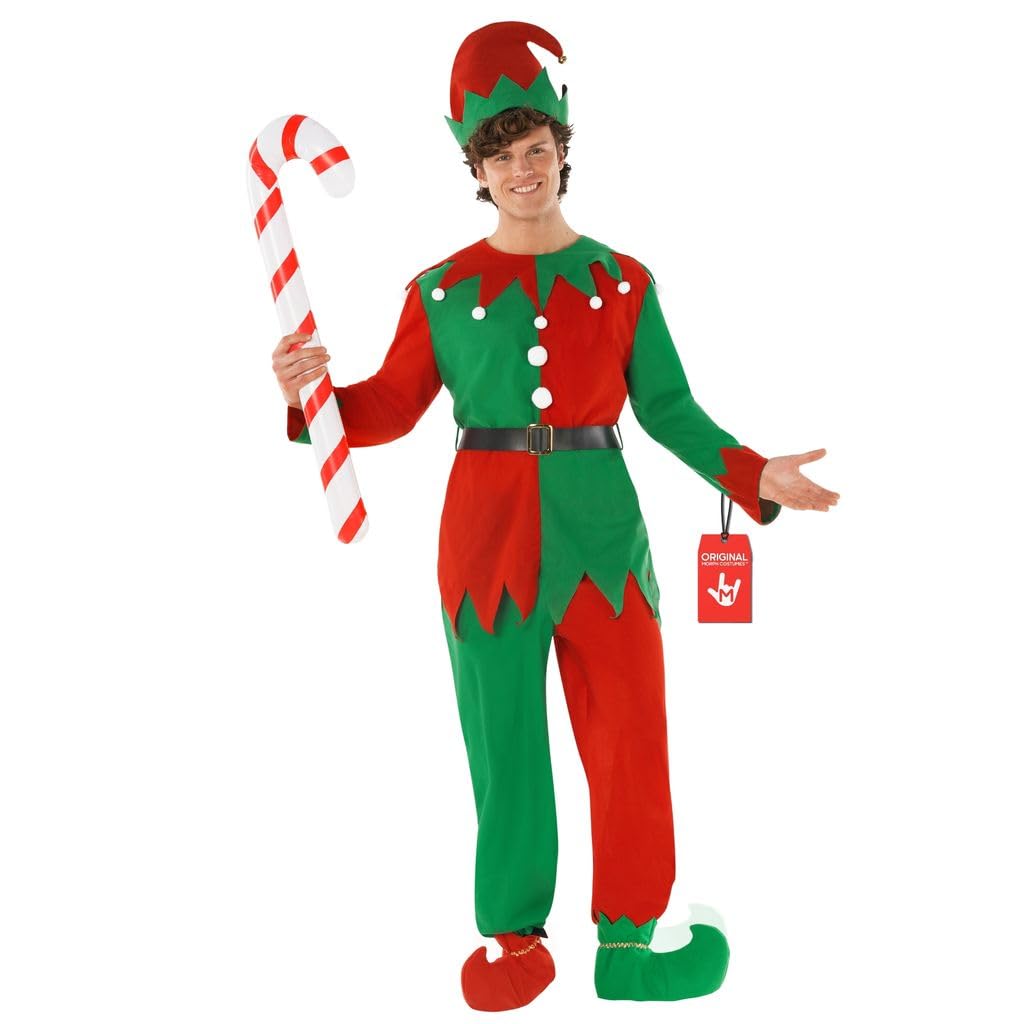 Morph Deguisement Elfe Homme, Costume Lutin de Noel Halloween Homme | Haut, Pantalon, Ceinture, Couvre-Chaussures & Bonnet, Look Lutin de Noël, Parfait pour Halloween, Idéal pour se Déguiser