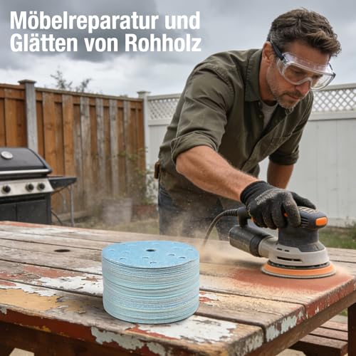 Schleifpapier 150mm Klettverschluss Blau 15 Loch Schleifscheiben 80 Körnung Schleifscheiben 50 Stück Keramik Schleifpapier Staubentfernung Geeignet für Metall und Holz