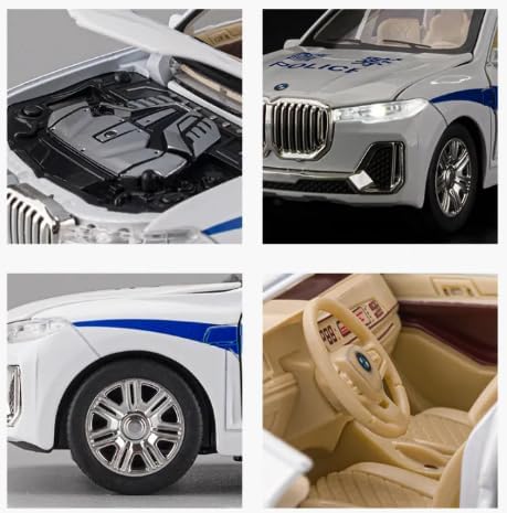 Image of Pull Back on Alloy Metal Die-cast Metal Vehicle 1:24 Police BMMW X7 Kids' Musical Toys: Diecast Pullback Car with Openable Doors and Light(Colors as Per Stock)
