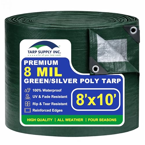 TARP SUPPLY Inc 8 x 10 Heavy Duty Green/Silver Poly Tarp with Aluminum Grommets and Reinforced Corners Waterproof UV Resistant 8 Mil Protective Cover for Camping Construction Outdoor Use