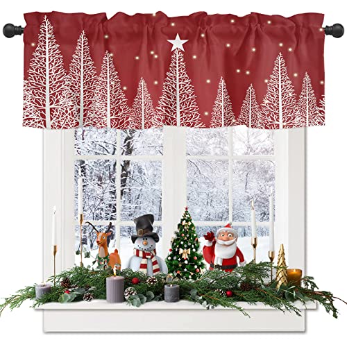 Christmas Tree Kitchen Valances Curtains for Windows Snowscape Red Rod Pocket Window Valances for Living Room Bathroom 1 Panel Short Treatments Curtains Winter Holiday Christmas Decorations 54x18in