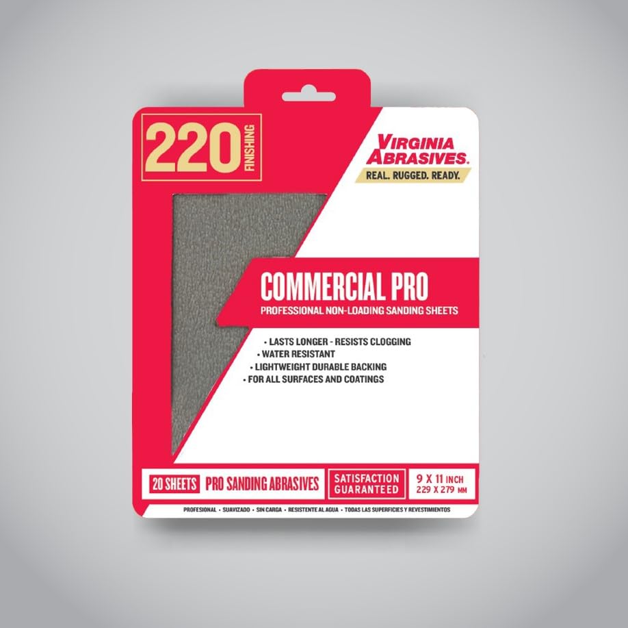 Virginia Abrasives 9” x 11” Commercial Pro Sandpaper Sanding Sheets, 220 grit, 20 Pack