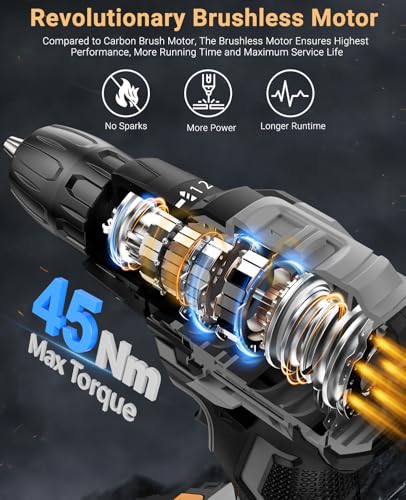Image of Cordless Drill 21V, Brushless Screwdriver with 2 Batteries 2.0Ah, 45N.m Percussion, 20+1 Torque Settings, 14 Accessories, 2 Speeds, for DIY, Grey