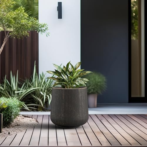 Image of Kante Accent Round Curved Vintage BRN Concrete Planter 13 inch Dia, Outdoor | Rubber Plug for Indoor, Drainage for Garden, All-Weather Cement Flower Pot, Handcrafted, Anti-Frost & UV, Modern Home Decor