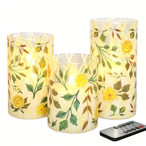 Image of Yellow Glass Flameless Candles with Remote Vintage Rose LED Pillar Candles Battery Operated Timer & Dimmable Candle Light Rustic Farmhouse Decor for Room Wedding Table Centerpiece, 3 Pack