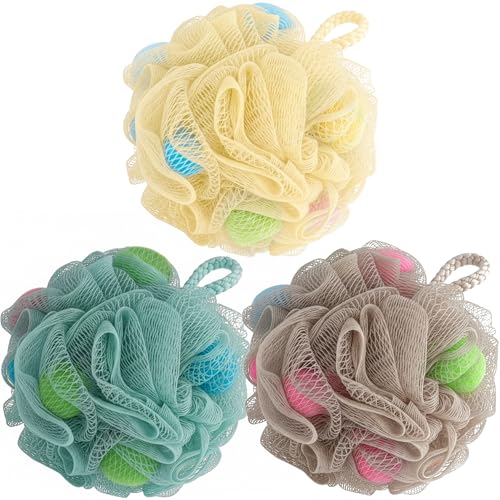 DecorRack Paquete de 3 esponjas de lufa de ducha con esponjas, limpiador corporal suave para gel de ducha, gel de ducha, esponja de malla duradera y exfoliante (tierra, paquete de 3)