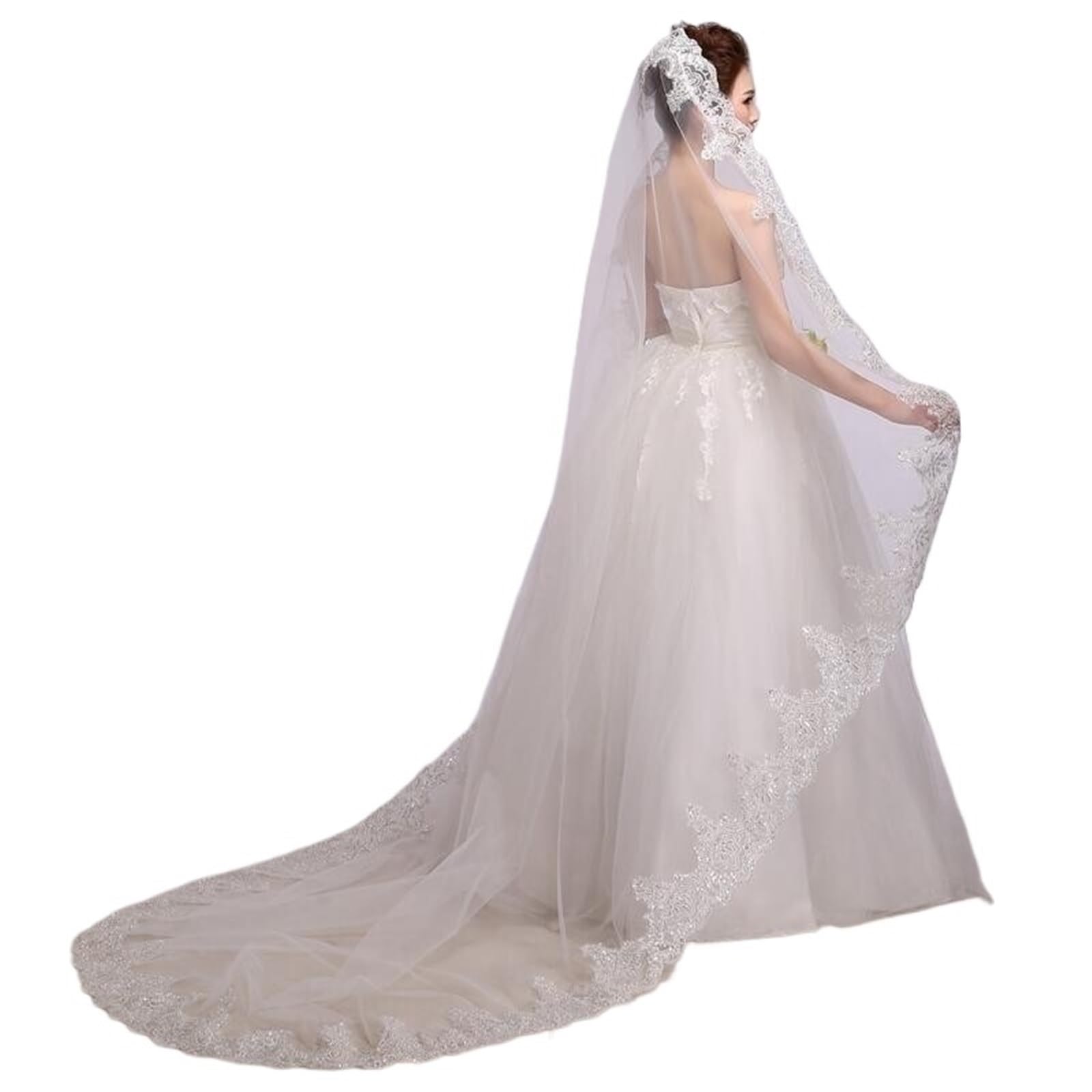 Genérico Velo de novia hasta los hombros velo de novia con borde de aplique de 1 capa Sluier Velos de novia largos
