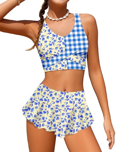 Image of Qaoerde Girls Swimsuit Tropical Print Bikini Set with Ruffle Hem Two Piece Criss Cross Bathing Suits for Girls 7-16 Years