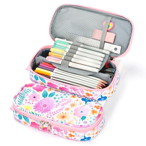 Image of mibasies Girls Pencil Case for Kids, Multi-Slot Pencil Pouch, Flower Pink White
