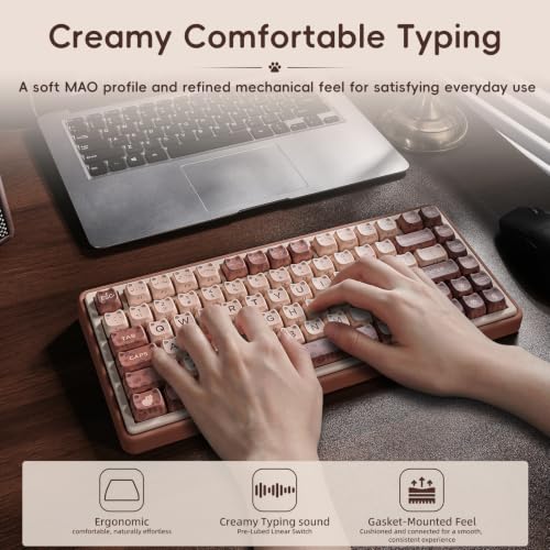 Image of ZORNHER UR82 Mechanical Keyboard,75% Wireless Creamy Gaming Keyboard with Cute Leopard Cat Kawaii Glowing Kitty Ear Mao Keycaps, Aesthetics Compact Brown Keyboard for Home Office,Coffee Brown