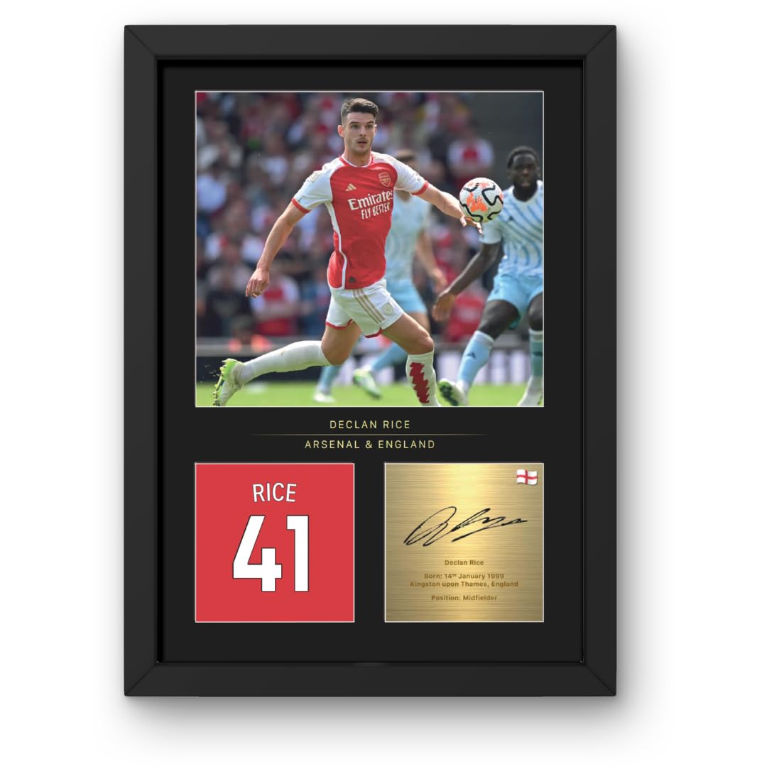Win FC Declan Rice A4 Framed Photo Display - Reproduced Digital Signature - Gift For Arsenal Fans