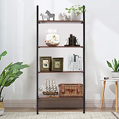 Ladder Shelf Standing Shelf Unit, 4 Tier Living Room Bedroom Bookcase Ladder Stand Against the Wall Shelf, Solid MDF Metal Storage Organising Shelf Unit 64*34*150cm Rustic Brown Multifunctional Rack