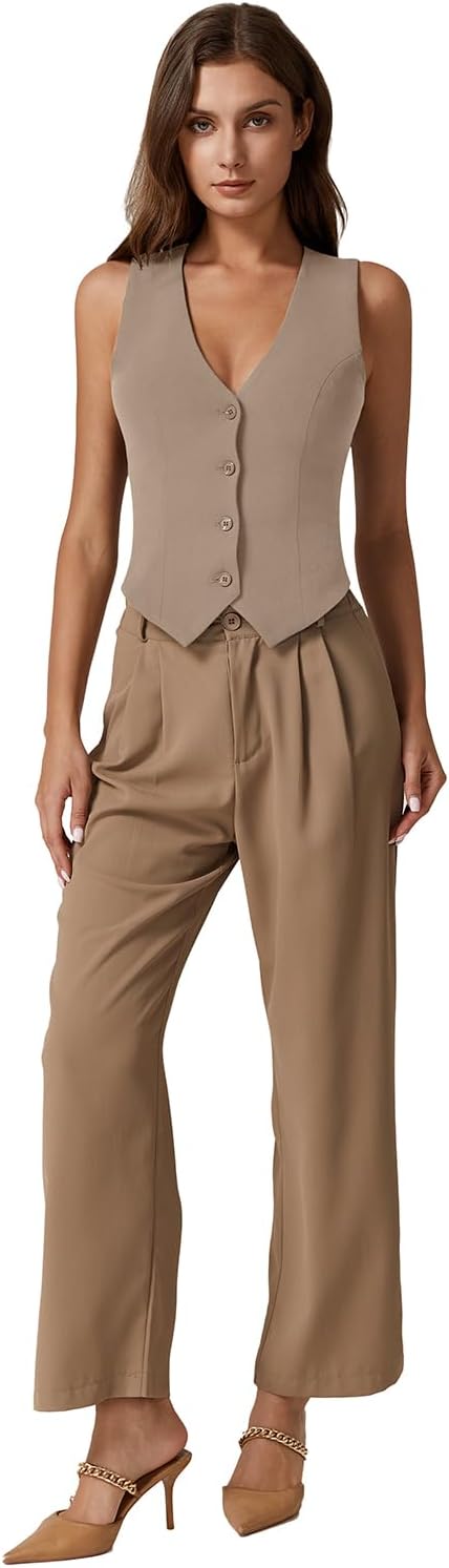 QINSEN Womens V Neck Vest Top Sleeveless Button Down Fully Lined Solid Going Out Crop Tops - Image 6