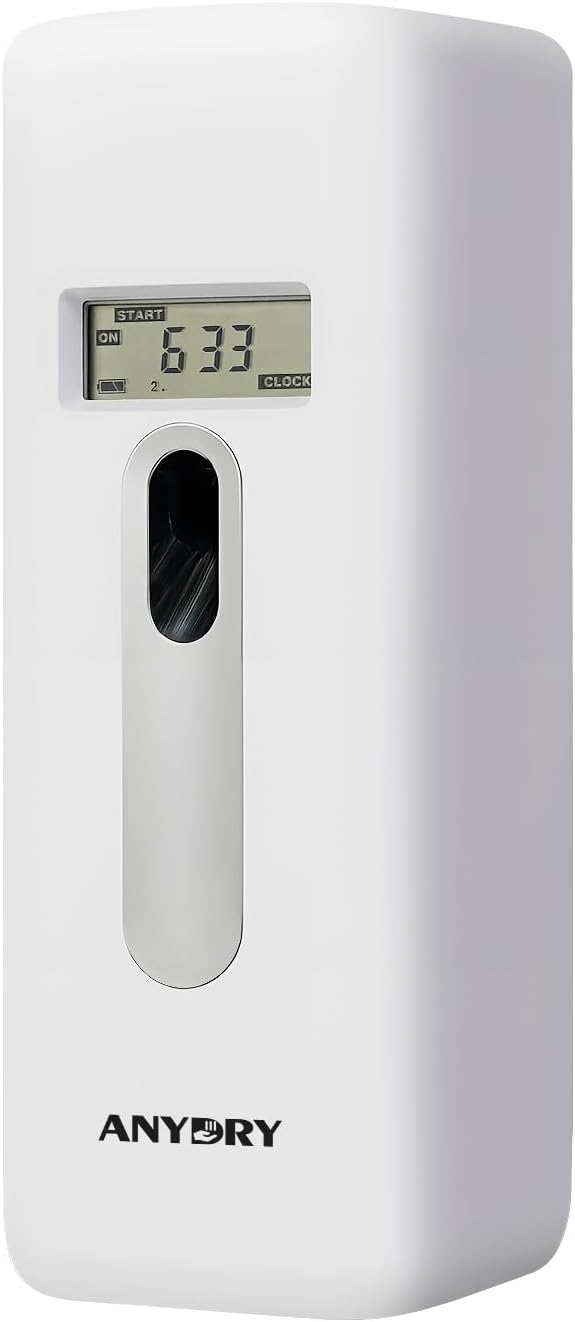 Anydry Automatic LCD Air Freshener Dispenser Wall Mount or Free Standing, Programmable Spray for Bathroom Home Office Hotel Commercial Use, Compatible with Glade Refills, White