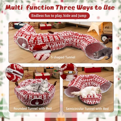 Cat Donut Tunnel for Christmas Tree - Warm Soft Cat Tube Christmas Tree Skirt, Christmas Themed Patterns Cats Red Tunnel Bed with Central Mat Multifunctional Round Pet Cave Toy for Kittens by DTGDASCF - Image 4